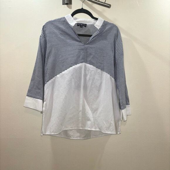 Duffield Lane Navy & White Striped Cotton Tunic Shirt - Size Small - Picture 1 of 8